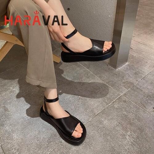 HARAVAL Women Sandals Shoes Round Toe White Black Modern Sandals Platform Office & Career Flat With Buckle Strap Shoes B274