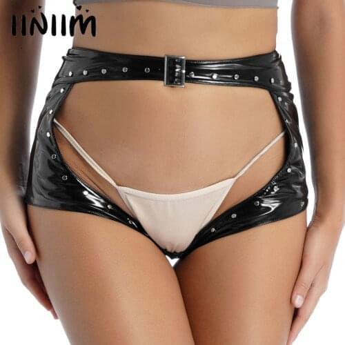 Women Hollow Out Underpants Exotic Underwear Cutout Wetlook Patent Leather Boxer Brief Bodyshorts Rivet High Waist Boxers Shorts