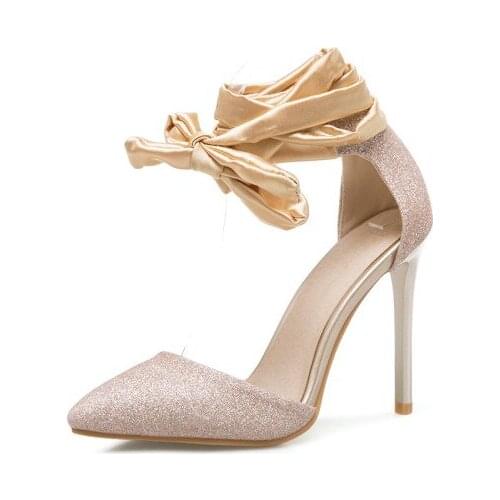 Big Size 11 12 13 14 15 16 17 ladies high heels women shoes woman pumps Fine-heeled pointed bow strap-on single shoe