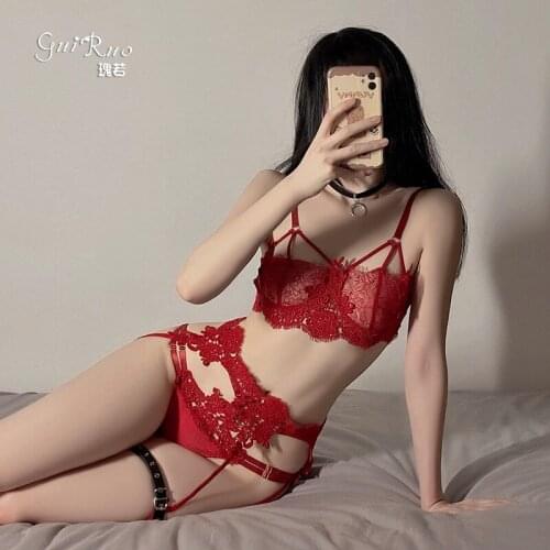 Women sexy lingerie Underwear femme lace perspective hollow temptation transparent bra briefs garter Exotic Set stripper outfit