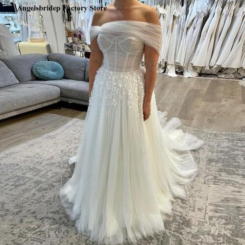 Angelsbridep A line Wedding Dress 2021 White Vestidos De Novia Pleat Tulle Bride Dresses Floor length Wedding Gowns Court Train