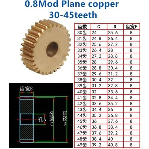 1pc Plane copper 0.8 mod 30t 31t 32t 33t 34t 35t 36t 37t 38t 39t 40t 41t 42t 43t 44t 45t teeth involute spur gear