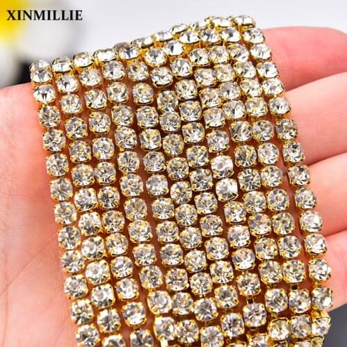 AAAAA High Quality 5Yard/Roll Rhinestone Claw Cupchain Trimming Clear Crystal And AB Stone With Silver/Gold Base Sewing SS6-SS28