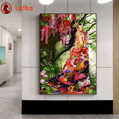 Diamond Embroidery Japanese geisha oriental beauty, flower, tree Diamond Painting Full Square drill Mosaic Cross Stitch Wall Art