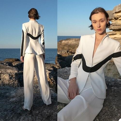 Black White Women Pants Suits Slim Fit Office Lady Party Prom Blazer Red Carpet Leisure Outfit Tuxedos (Jacket+Pants)