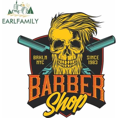 EARLFAMILY 13cm x 11.9cm For Skull Barber Shop Car Decal Waterproof Car Stickers Scratch-proof Graffiti Sticker Waterproof Decor