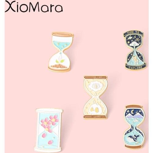 Space Whale Ocean Wave Planet Hourglass Enamel Pin Astronaut Plant Flower Skeleton Metal Brooches Badges Gifts For Couple Friend