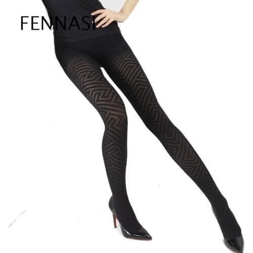 FENNASI Womens Autumn Thick Warm Jacquard Pantyhose Print with Striped Plaid Pattern Sexy Pantyhose Female Erotic Black Tights