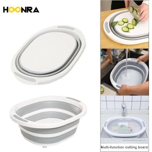 HOONRA Multifunction Folding Cutting Board Drain Basket Silicone Chopping Board Folding Vegetable Basket Chopping Block Kitchen