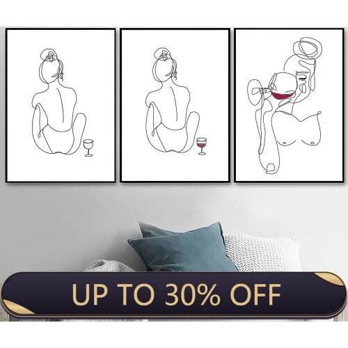 Woman Body Nude Art Print Abstract Line Picture Drawing Wall Art Canvas painting Red Wine Glass Drink Poster Modular Picture Hom