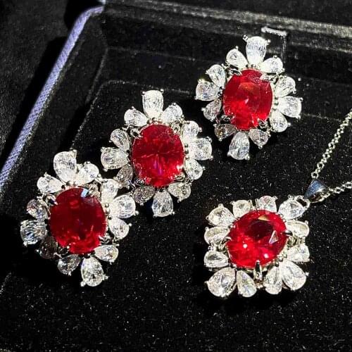 QTT Luxury Jewelry Set 925 Sterling Silver Necklace Ring Earrings Set Red AAA Zircon Stone Womens Jewelry Sets Birthday Gifts