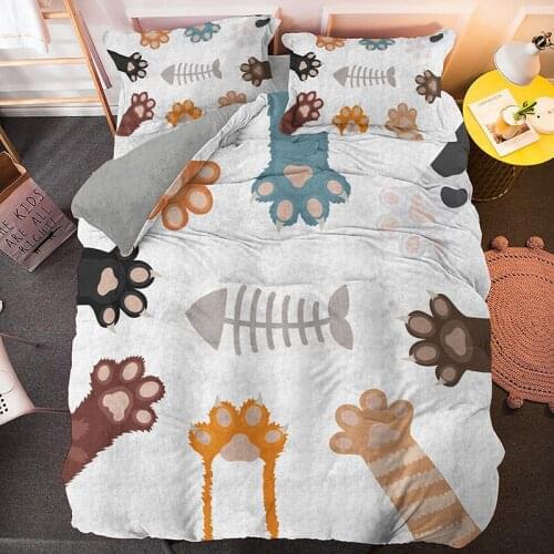 Cute Animals Cats Bedding Sets Cartoon Cat Dog Paw Kids Duvet Cover Set Printed Bedspread 3pcs Queen King Size Bedclothes