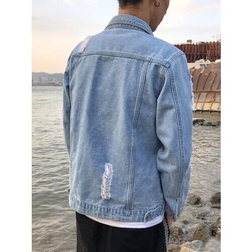 Fashion Bomber Hole Thin Ripped Hole Denim Jacket Spring Autumn Male Cowboy Jeans Jackets Coat Mens Denim Jacket Mens Trendy