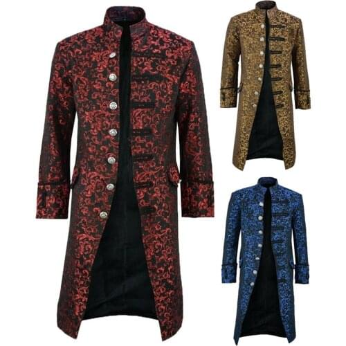 Halloween Victorian Men Jacquard Weave Stand Collar Long Sleeve Coat Outwear