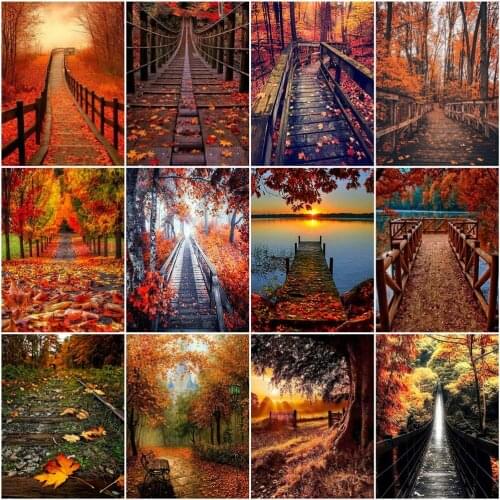 AZQSD Painting By Number Bridge Landscape Drawing On Canvas Diy Frame Paint By Numbers Autumn Kits Modern Wall Art Gifts