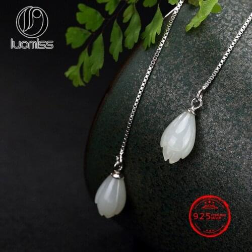 Natural Hetian Jade White Magnolia Flower 925 Sterling Silver Earrings Lady Eardrop Line Wholesale