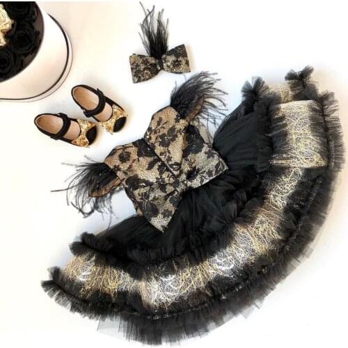 Black New Baby Girl Birthday Dress Big Bow Lace Flower Girl Dress Christmas Clothes Photography Props AG0358