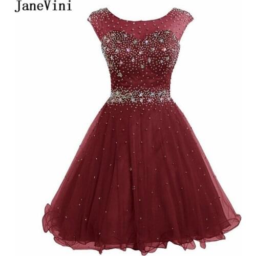 JaneVini Burgundy Tulle Mini Homecoming Dresses A Line 2019 Scoop Neck Crystals Pearls Open Back Graduation Short Formal Dress