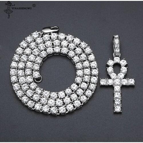 Hip Hop Iced Out Ankh Cross Men Women Pendants With 5mm Tennis Chain CZ Egyptian Key Of Life Mens Pendant & Necklace Jewelry