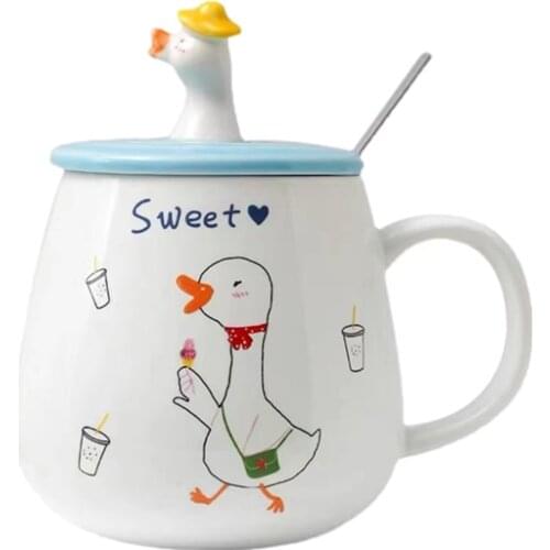 Cute Cartoon Ceramic Coffee Mug with Lid and Handle Milk Cup Duck Student Cup with Cover Spoon Straw Tazas Coffee Travel Mugs