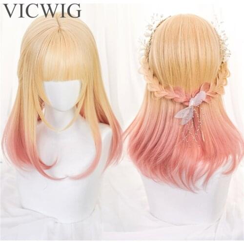 VICWIG Synthetic Hair Band Bangs Medium Length Gradient Orange Pink Grayish Brown Cosplay Wig for Women