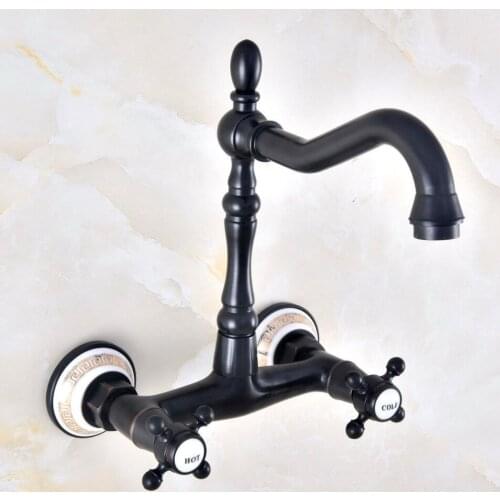 Black Oil Rubbed Antique Brass Bathroom Kitchen Sink Basin Faucet Mixer Tap Swivel Spout Wall Mounted Dual Cross Handles mnf456