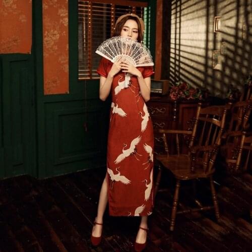 Chinese Traditional Clothes for Women 2021 Summer Sexy Split Crane Print Cheongsam Ladies Wedding Dress Evening Party Qipao