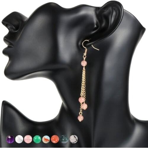 Women Natural Stone Crystal Onyx Dangling Earring Pierced Long Metal Tassel Round Beads Hanging Earrings Hoop Long Party Jewelry
