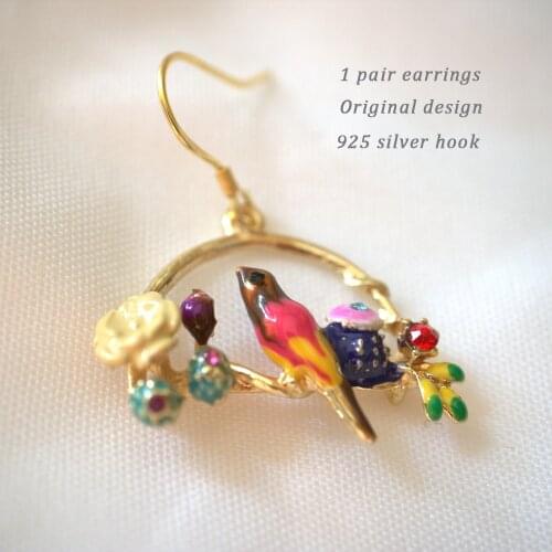 Fashion original design drop oil pastoral flowers drop earrings Retro antique birds hook earring for women vintage jewelry