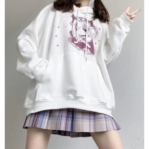Park street sweet and cute cartoon print hooded top Harajuku top women kawaii plus velvet long-sleeved sweater girl loose warm