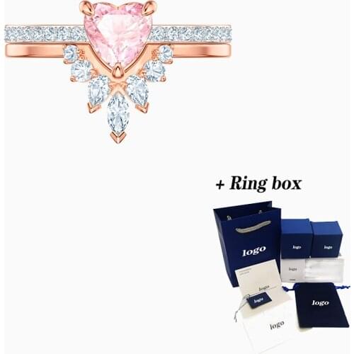 High Quality SWA Ring New Fashion Engagement Ring Rose Gold Double Light Pink Heart-Shaped Crystal WomenS Jewelry Gift Free