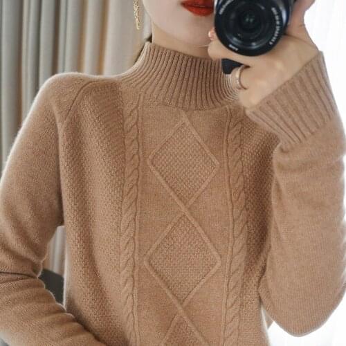 Winter Womens Sweater 100% Wool Jumper Half Turtleneck Knitted Pullover Female Casual Solid Soft Warm Loose Cashmere Sweaters