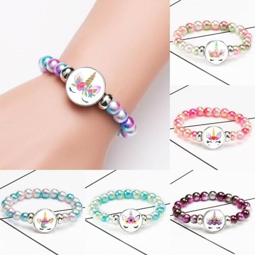 10PC/lot Unicorn Beaded Bracelets 18mm Snap Buttons Dome Cabochon Horse Charms Trendy Jewelry Girls Kids Women Boy Unisex Gift