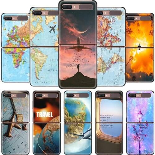 Phone Case For Samsung Galaxy Z Flip Cover For ZFlip 5G Cover Black Hard Shell Back Luxury Capa Fundas World Map Travel