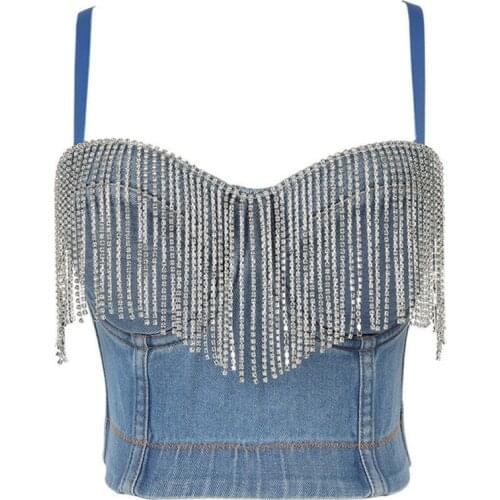 D0LF Women Sexy Spaghetti Strap Bustier Glitter Tassel Rhinestone Washed Denim Camisole Vest Club Party Jean Corset Crop Top