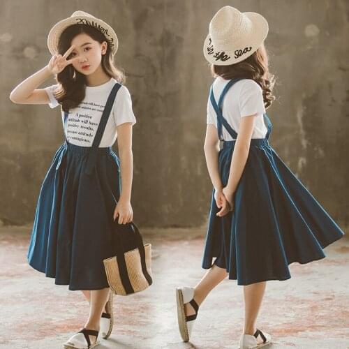 2020 Summer Childrens Fashion Girl Costume Set 2 Piece T-Shirt and Strap Skirt Set 8 Years 12 Years Kids Teen Girl Costume Set