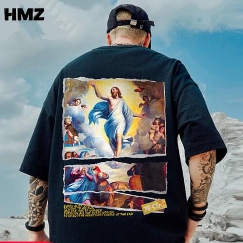 HMZ Hip Hop Tee Retro Oil Painting Print T Shirt Streetwear Harajuku Men T-Shirt Summer Half Sleeve Tshirt Cotton Tops Tees Man