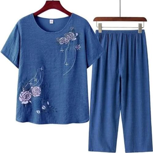 Middle-aged and elderly womens short-sleeved t-shirt mother suit loose large size cotton linen two-piece suit