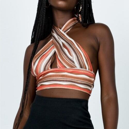 Summer Striped Criss-Cross Halter Top Sexy Boob Wrap Backless Bandage Crop Top Women Sleeveless Summer Mini Tank Vest Beach