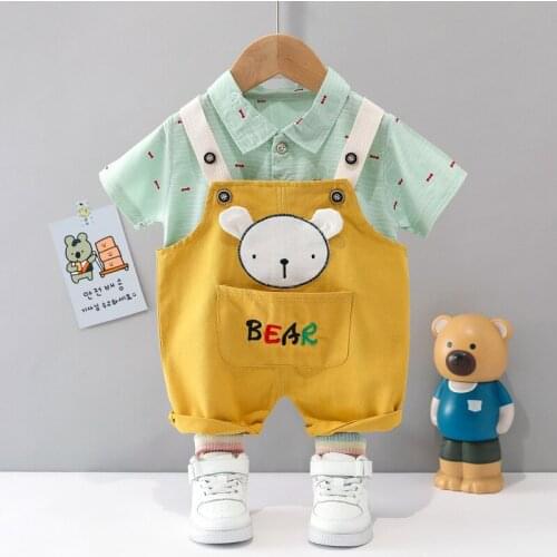 Summer Children Baby Boy Girls Clothes Outfits Infant Cartoon Shirt Strap Pants 2Pcs/set Toddler Clothing Kids Suits