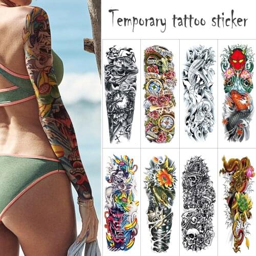 1 New Piece large size temporary tattoo stickers Black skull Full Arm Sticker carp flower Fake tattoo Body Paint Water Transfer
