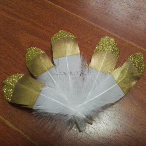 Natural White Goose Nagorie Feathers with Gold Dipped Painting,Real Goose Feathers with Top Glittered 12-18cm 50pcs/lot