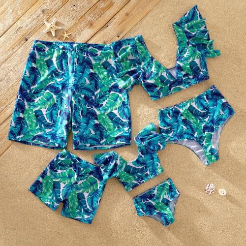 PatPat 2021 New Summer Leaf Print Ruffled Sleeves Family Matching Swimsuits