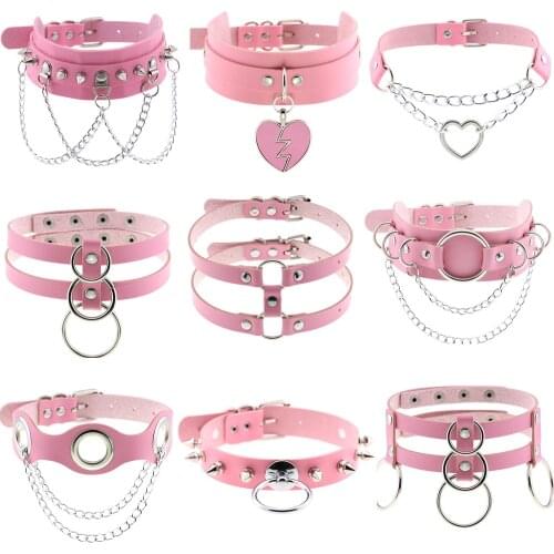 DIEZI Vintage Punk Pink PU Leather Tassel Chain Necklace For Women Men Harajuku Gothic Heart Choker Statement Necklace Jewelry