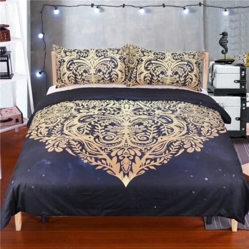 Gold Mandala Lines love flowers 3Pcs Duvet Cover Sets with Pillowcase Black Bedding Set Soft Microfiber Quilt Cover Bed Cover