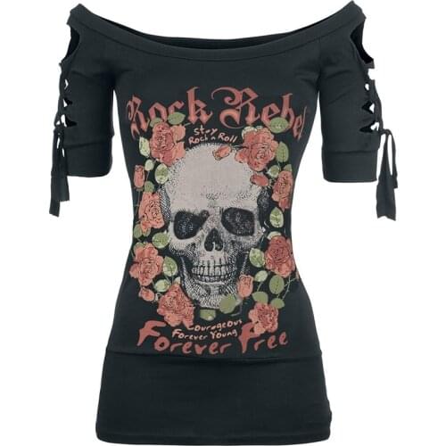 S-5XL Plus Size Black Skull Halloween Gothic Lace Up Criss Cross Blackless T-shirt Women Print Tees Off Shoulder Tops T-shirts