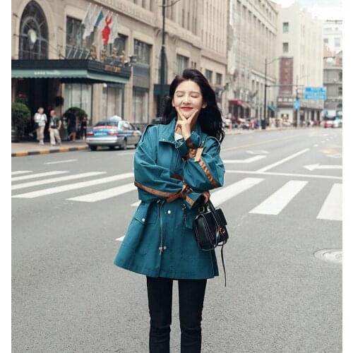 Chic Ladies Trench Coat Spring 2019 Windbreaker Loose Casual Outwear Women Fashion Patchwork Turmetic Peacock Blue Trenca Mujer