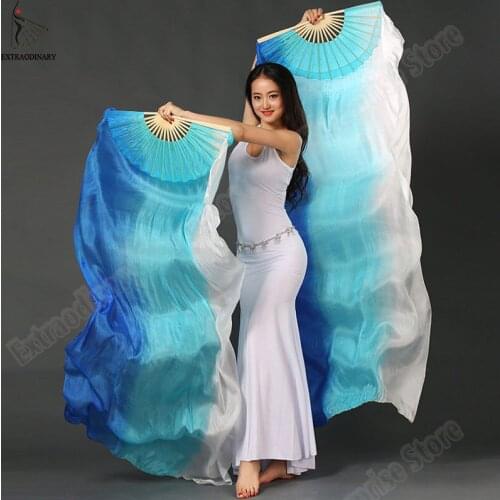 100% Silk Veils Belly Dance Silk Fans 180cm Accessories Women Hand Dyed Veils Fans Vertical Colors 1 Pair 2pieces