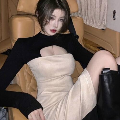 Spring/Autumn Korean Sweet Sexy Girl Nightclub Fashion Dress Suede Slim Leaking Chest Sexy Stitching Elegant Chic Womans Dress