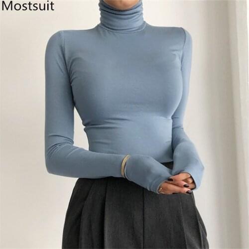 Turtleneck Stretchy Women T Shirt Tops 2021 Spring Long Sleeve Slim Solid Fashion Female Tops Tees T-shirts Femme